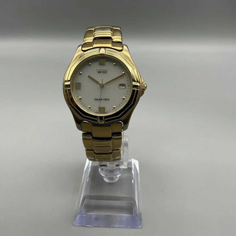 Citizen Eco-Drive Solar-Tech WR 100 Mens Watch 36mm Gold Tone Date 7.25